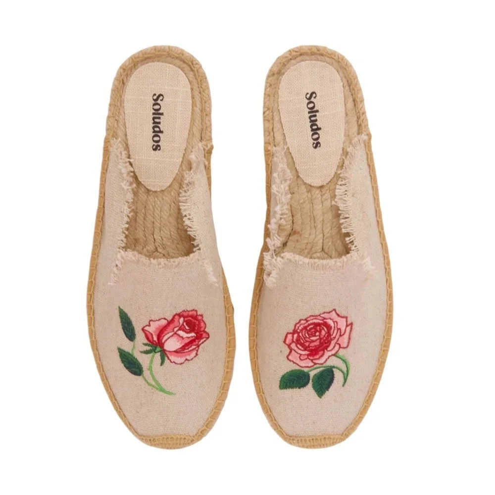 Soludos Women 10/10.5 Smoking Mule‎ Espadrilles Rose Embroidered Natural Canvas